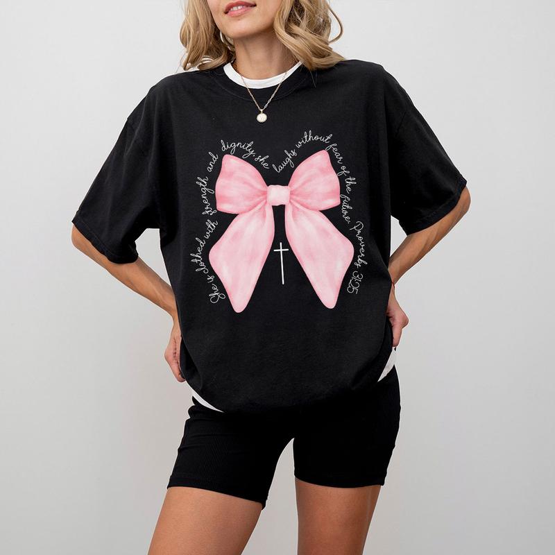 Coquette Christian Shirt, Proverbs She is Clothed with Strength Coquette Bow T-Shirt, Christian Sweatshirt, Christian Shirts For Women, Coquette Bible Verse Shirt, Comfort Women Top