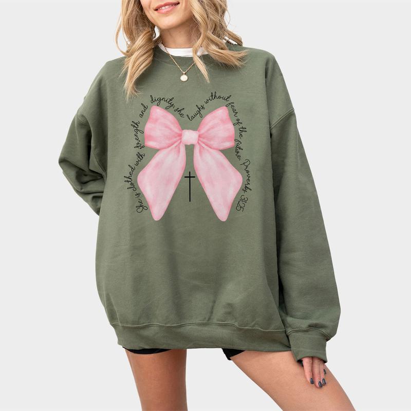 Coquette Christian Shirt, Proverbs She is Clothed with Strength Coquette Bow T-Shirt, Christian Sweatshirt, Christian Shirts For Women, Coquette Bible Verse Shirt, Comfort Women Top
