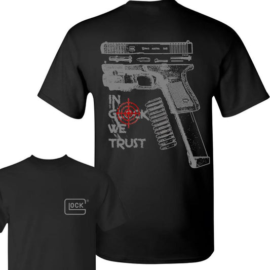 In Glock We Trust Standard size Black T-shirt with Multicolor Design for Men and Women - Classic Fit - Menswear Cotton Top