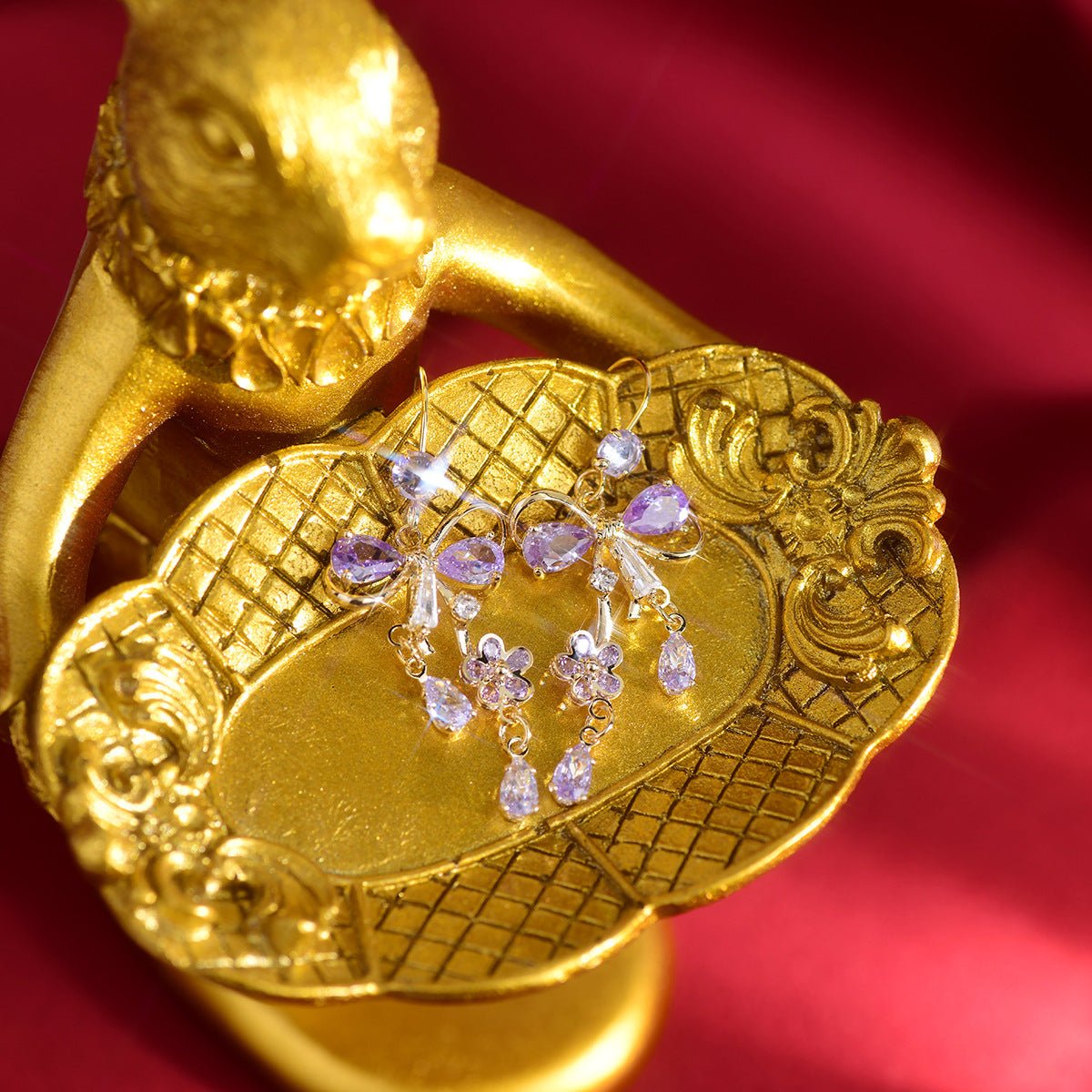 Purple Flower Ribbon Earrings - Celina