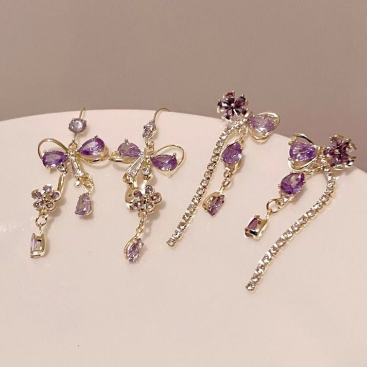 Purple Flower Ribbon Earrings - Celina