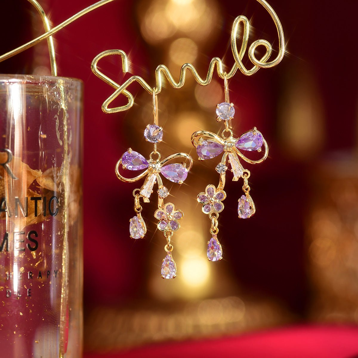 Purple Flower Ribbon Earrings - Celina