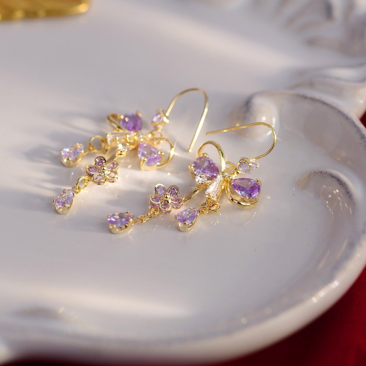 Purple Flower Ribbon Earrings - Celina