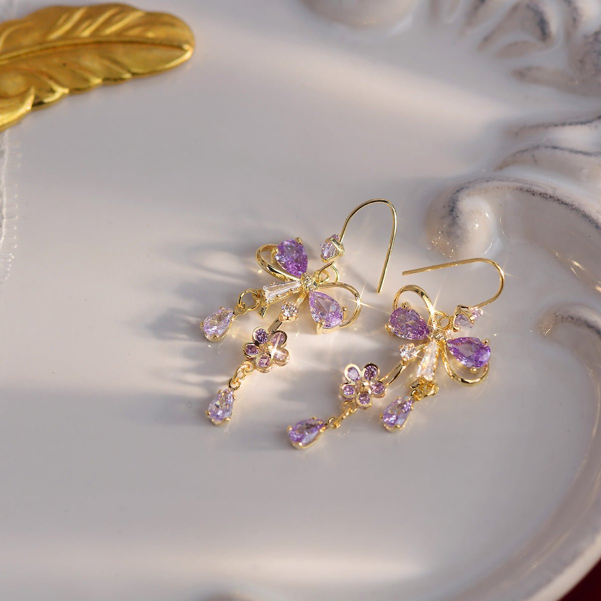 Purple Flower Ribbon Earrings - Celina