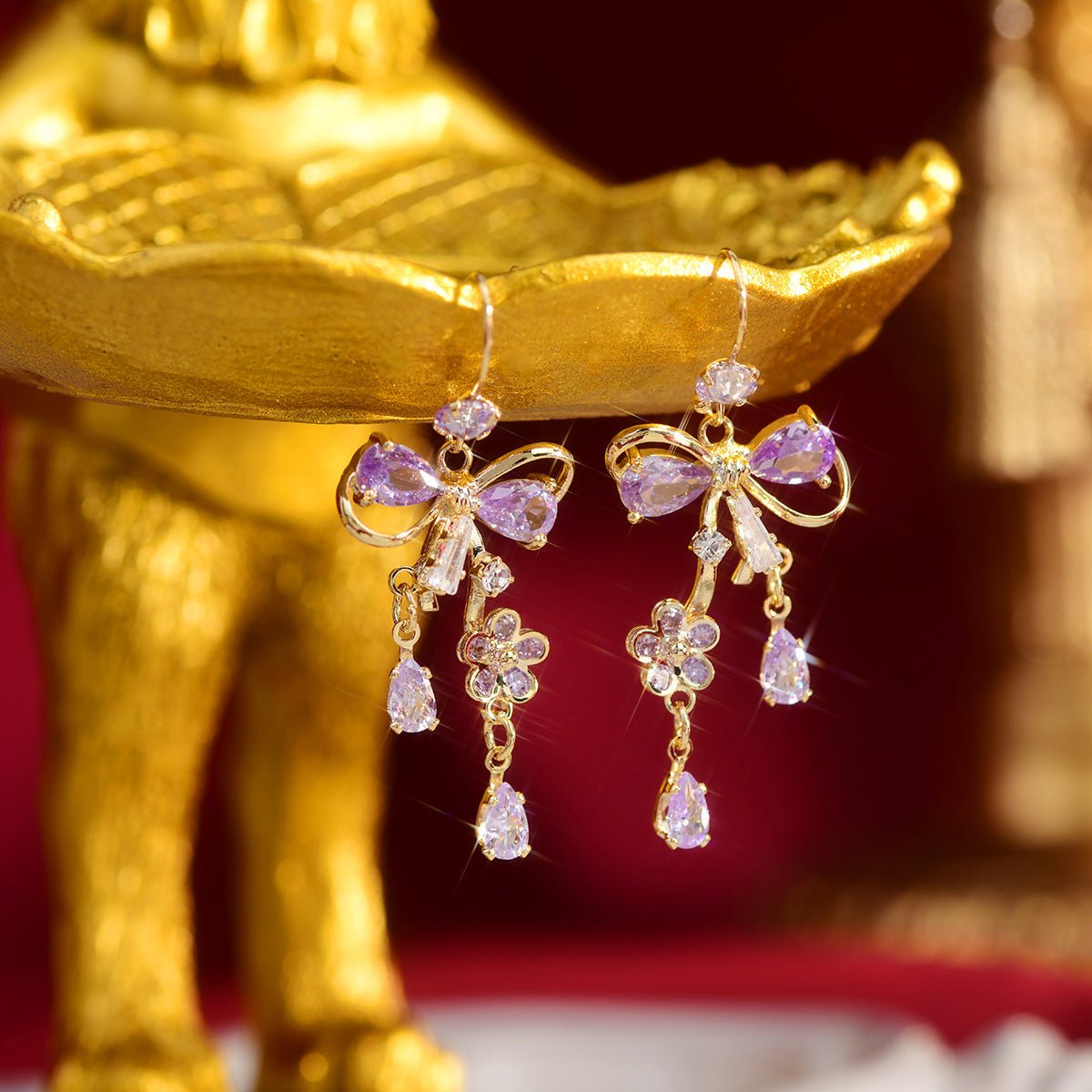 Purple Flower Ribbon Earrings - Celina