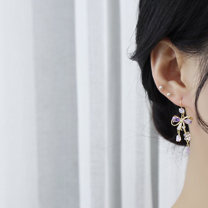 Purple Flower Ribbon Earrings - Celina