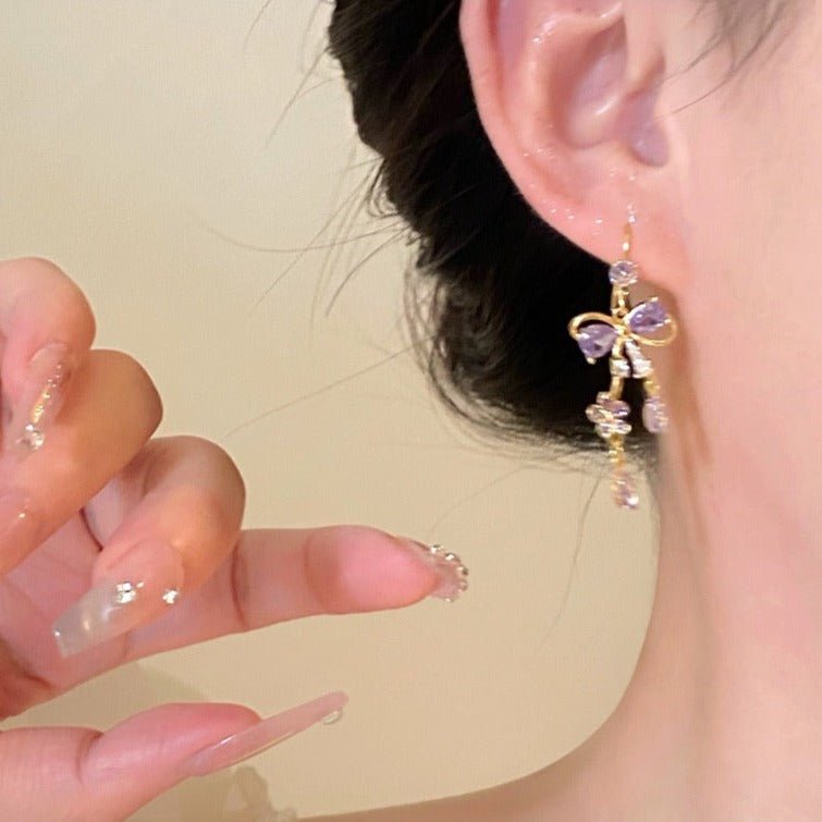 Purple Flower Ribbon Earrings - Celina