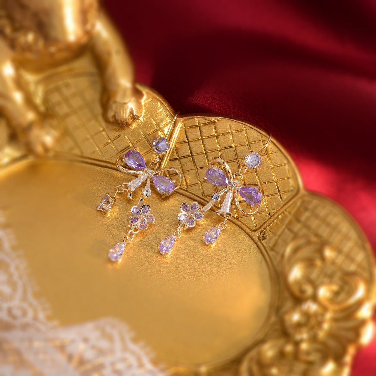 Purple Flower Ribbon Earrings - Celina