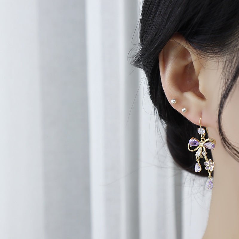 Purple Flower Ribbon Earrings - Celina
