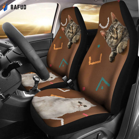 Funny Grey And White Cats Car Seat Covers For Fan Gifts Cat Lovers - Bafud