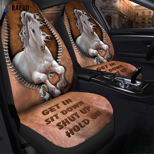 Get In Sit Down Shut Up Hold On - Horse Car Seat Covers For Fan Gifts With Leather Pattern Print Universal Fit Set 2 - Bafud