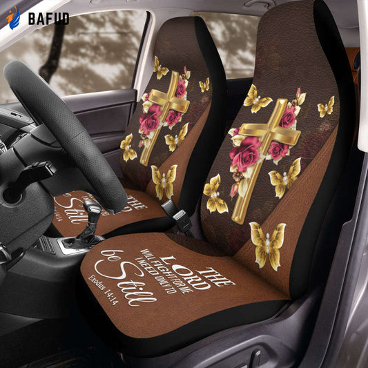 Golden Cross Butterflies Front Car Seat Covers For Fan Gifts, The Lord Will Fight For Me God Gift, God Gift, Religious Gifts For Women - Bafud