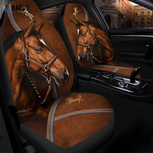 Horse Car Seat Covers For Fan Gifts With Leather Pattern Print Universal Fit Set 2 - Bafud