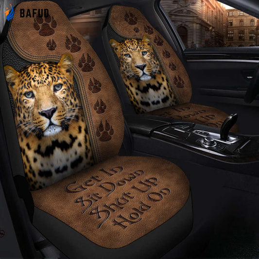 Leopard Hold on Funny Car Seat Covers For Fan Gifts Universal Fit Set 2 - Bafud