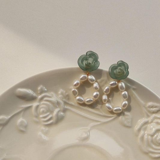Matcha Rose and Pearl Earrings
