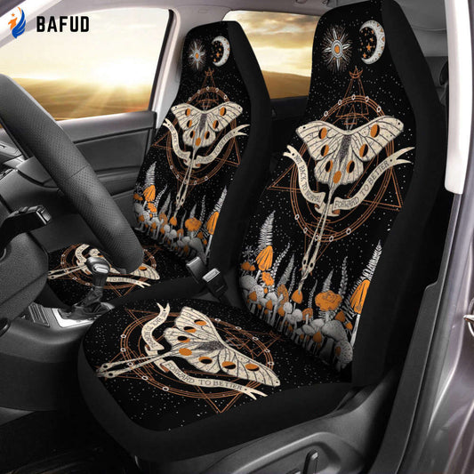 Moth Trippy Mushroom Sun and Moon Phase Celestial Stars Car Seat Covers For Fan Gifts, Boho Hippie Covers, Front Seat Protectors, For SUV, Jeep Wrangler - Bafud