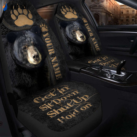 Personalized Name Black Bear Leather Pattern Hold on Funny Car Seat Covers For Fan Gifts Universal Fit Set 2 - Bafud