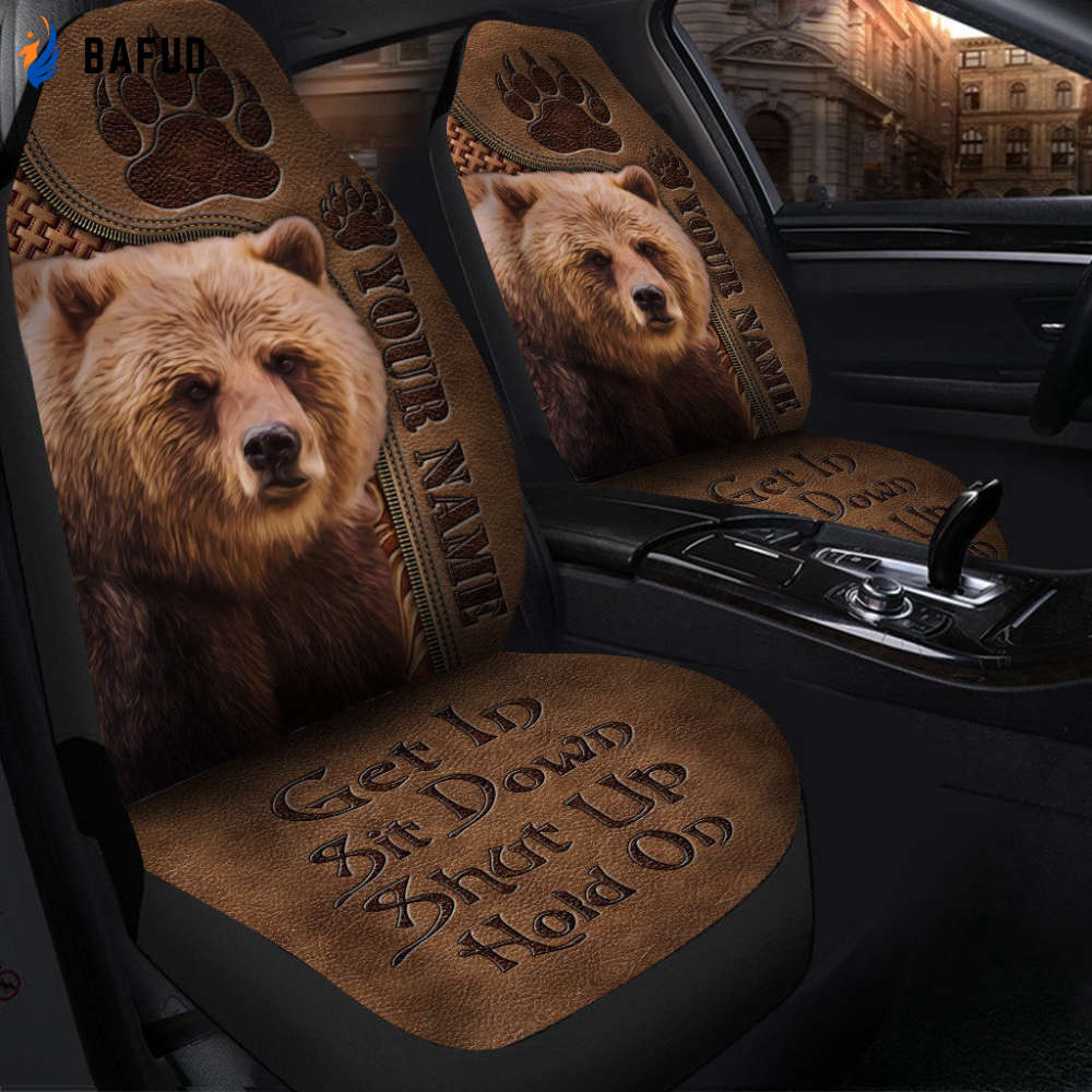 Personalized Name Brown Bear Leather Hold on Funny Car Seat Covers For Fan Gifts Universal Fit Set 2 - Bafud
