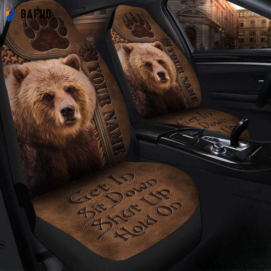 Personalized Name Brown Bear Leather Hold on Funny Car Seat Covers For Fan Gifts Universal Fit Set 2 - Bafud