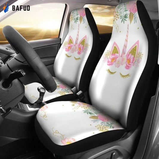 Pink Floral Flowers Eyelashes Unicorn Car Seat Covers For Fan Gifts - Bafud