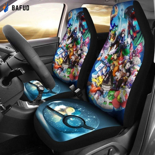 Poke Ball Blue Design Car Seat Covers For Fan Gifts - Bafud