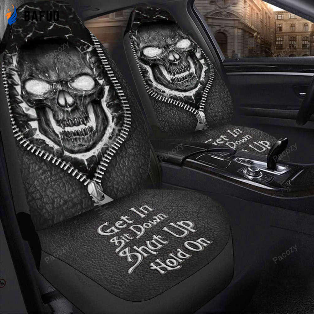 Skull Hold on Black Silver Version Car Seat Covers For Fan Gifts Universal Fit Set 2 - Bafud
