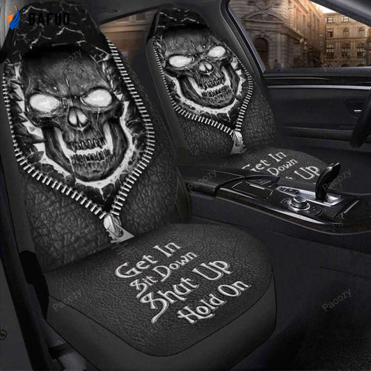 Skull Hold on Black Silver Version Car Seat Covers For Fan Gifts Universal Fit Set 2 - Bafud