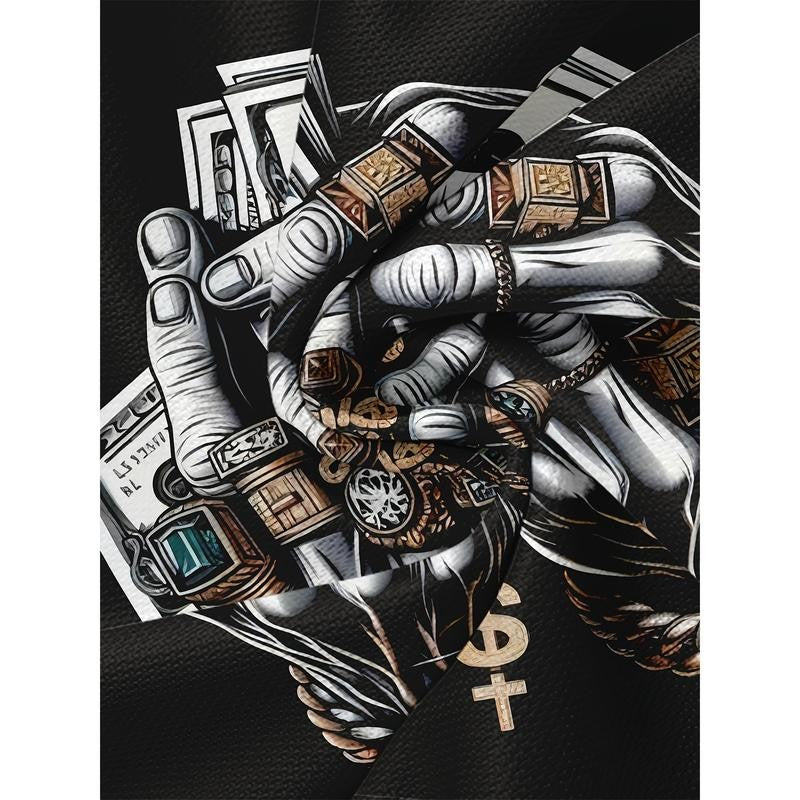 Men's Polyester 3D Digital Print T-Shirt with Dollar and Rings Graphic, Crew Neck, Slight Stretch, Casual Knit Fabric Tee