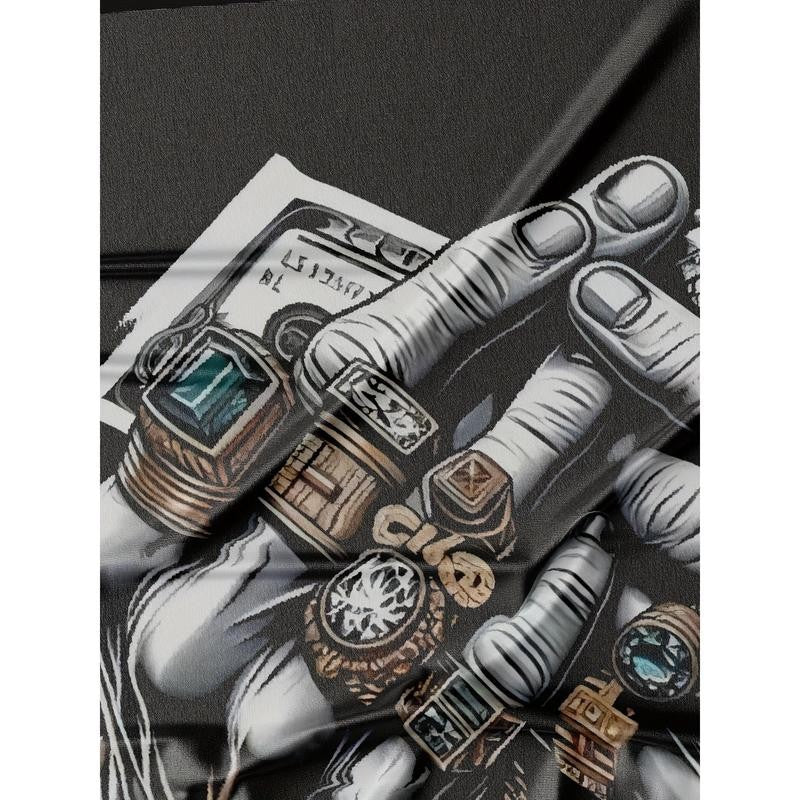 Men's Polyester 3D Digital Print T-Shirt with Dollar and Rings Graphic, Crew Neck, Slight Stretch, Casual Knit Fabric Tee