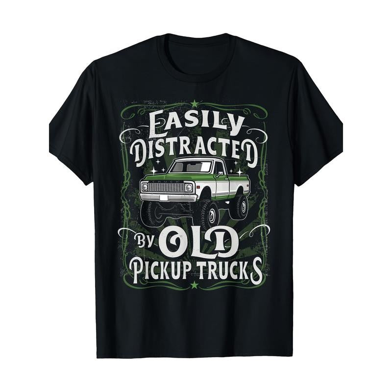 Easily Distracted By Old Pickup Trucks Men's T-Shirt - 100% Cotton, Casual Fit, Machine Washable, All-Season Round Neck Tee