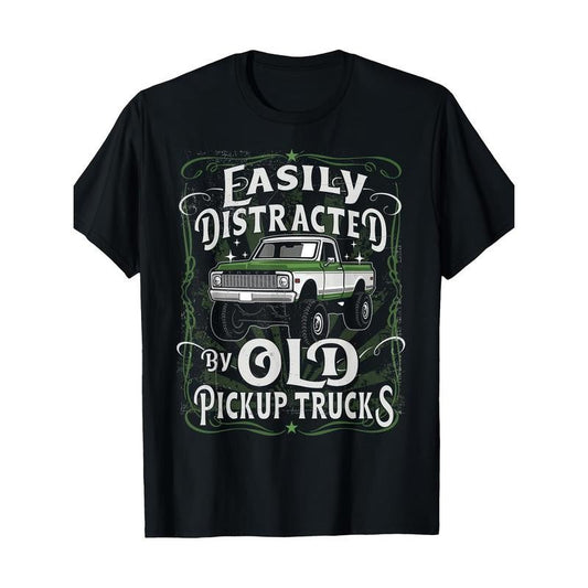 Easily Distracted By Old Pickup Trucks Men's T-Shirt - 100% Cotton, Casual Fit, Machine Washable, All-Season Round Neck Tee