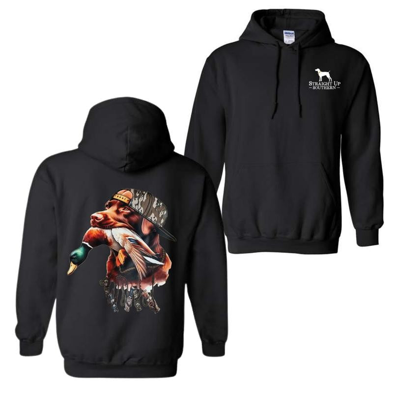 Straight Up Southern Hoodie â€“ Bold Brown Hunting Dog with Duck Graphic, Perfect for Outdoorsmen and Waterfowl Hunters, Unisex Hoodie for Adventure and Style Menswear Sweaters