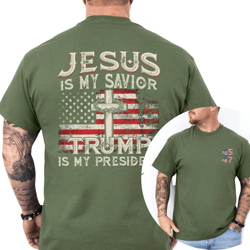 Jesus Is My Savior Trump Is My President 2-Side T-shirt, Trump 45 47 Shirt, Casual Menswear, Trump Persident 2024, Classic Men's Tops Shortsleeve