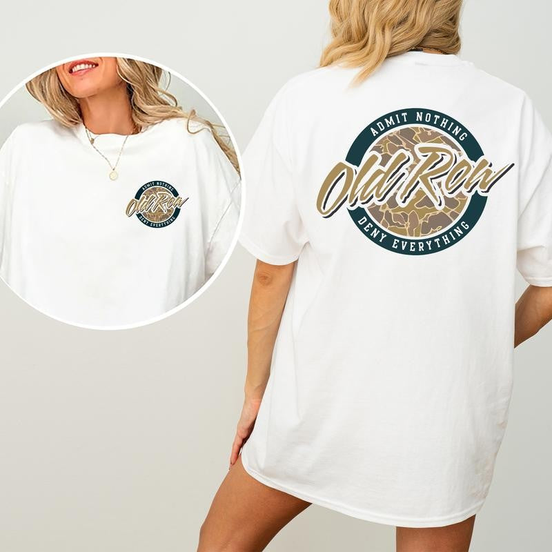 Vintage 80s Old Row Camo Shirt 2-Sided, Old Row Circle Logo Printed Tee, Retro OldRow T-shirt, Hunting Tee, Summer Drink Tee, Drinking Tshirt, Soft Cotton Fabric Women's Top, Casual Womenswear