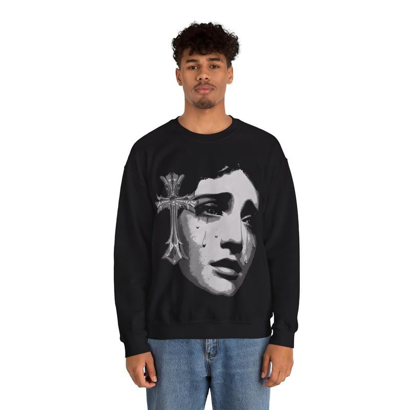 Save Me Cross Girl Heavy Blend Crewneck Sweatshirt Retro Vintage Comfy Sweater Streetwear Crewneck Long sleeve Christian Fashion Classic Cotton Fabric Menswear Tops