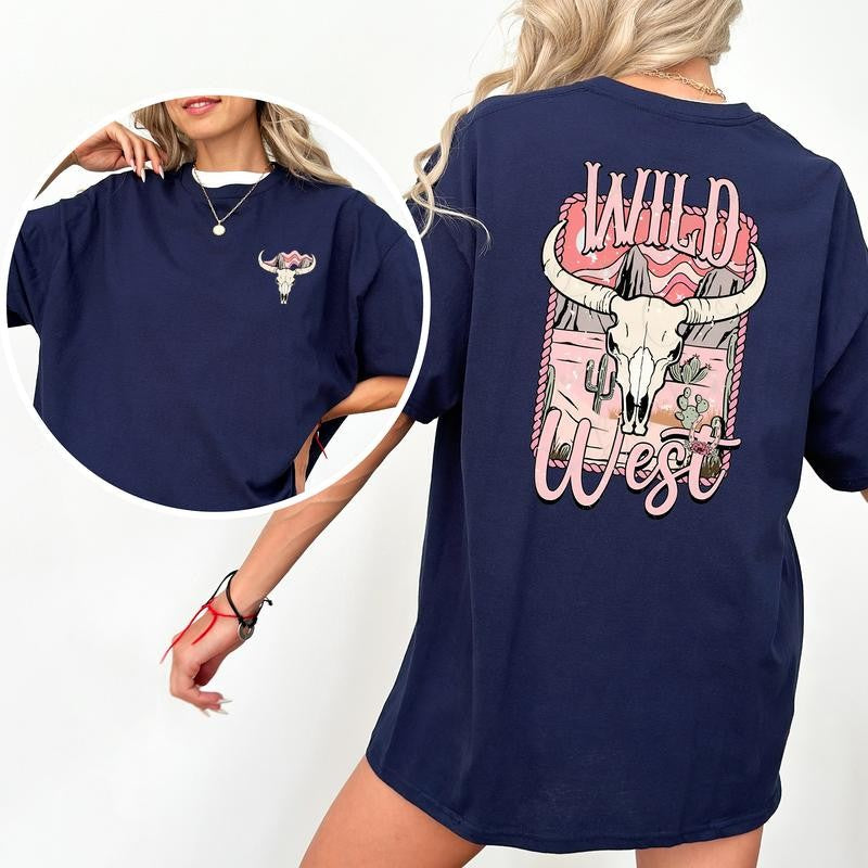 Vintage Bull Skull Wild West Graphic 2-Sided Shirt, Country Cowgirl Tshirt, Western Rodeo Cowboy T-shirt, Cotton Fabric Women's Top, Casual Womenswear