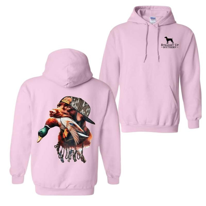 Straight Up Southern Hoodie â€“ Bold Brown Hunting Dog with Duck Graphic, Perfect for Outdoorsmen and Waterfowl Hunters, Unisex Hoodie for Adventure and Style Menswear Sweaters