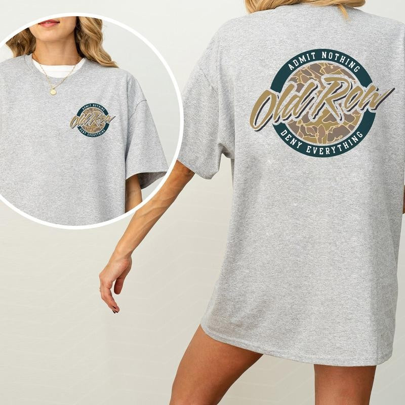 Vintage 80s Old Row Camo Shirt 2-Sided, Old Row Circle Logo Printed Tee, Retro OldRow T-shirt, Hunting Tee, Summer Drink Tee, Drinking Tshirt, Soft Cotton Fabric Women's Top, Casual Womenswear