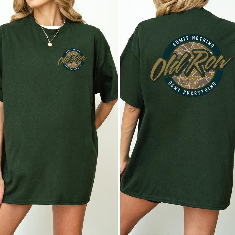 Vintage 80s Old Row Camo Shirt 2-Sided, Old Row Circle Logo Printed Tee, Retro OldRow T-shirt, Hunting Tee, Summer Drink Tee, Drinking Tshirt, Soft Cotton Fabric Women's Top, Casual Womenswear