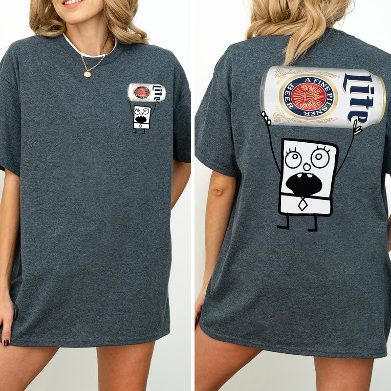 DoodleBob Miller Lite Unisex T-Shirt, Doodlebob Beer Graphic 2 Sided Shirt, Vintage Drink T-Shirt, Drinking Tshirt for Men, Comfort Cotton Fabric Tshirt, Printed Graphic Women's Top, Casual Womenswear, Drink Shirt