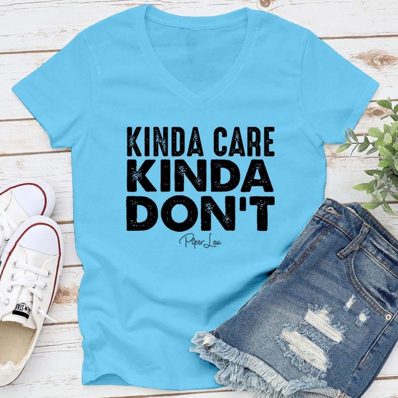Kinda Care Kinda Don't Apparel, Proudly Printed In The USA, Tee / Tank / V Neck Gray / White / Blue / Hot Pink / Orange, #sassy #cute #blackprint
