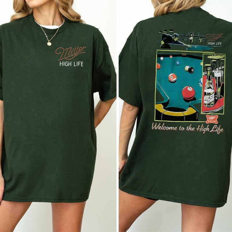 Vintage Miller High Life Sportsmans Club Shirt 2-Sided, Retro Miller High Life Graphic Printed Tee, Billiard Shirt, Cotton T-shirt, Casual Womenswear