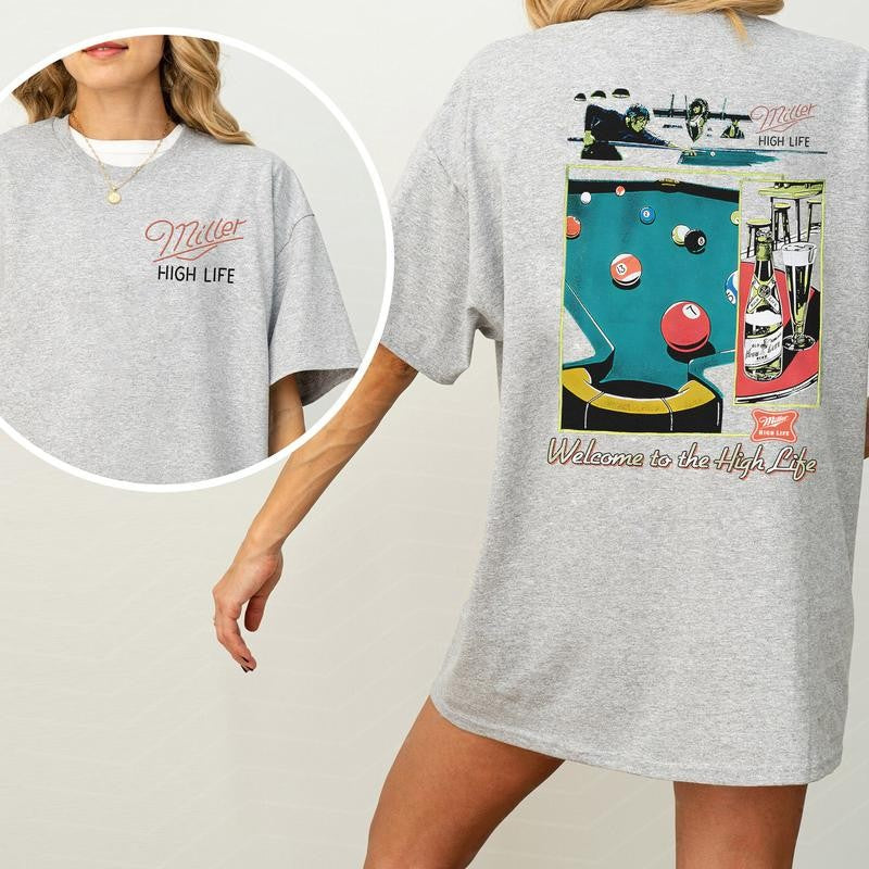 Vintage Miller High Life Sportsmans Club Shirt 2-Sided, Retro Miller High Life Graphic Printed Tee, Billiard Shirt, Cotton T-shirt, Casual Womenswear