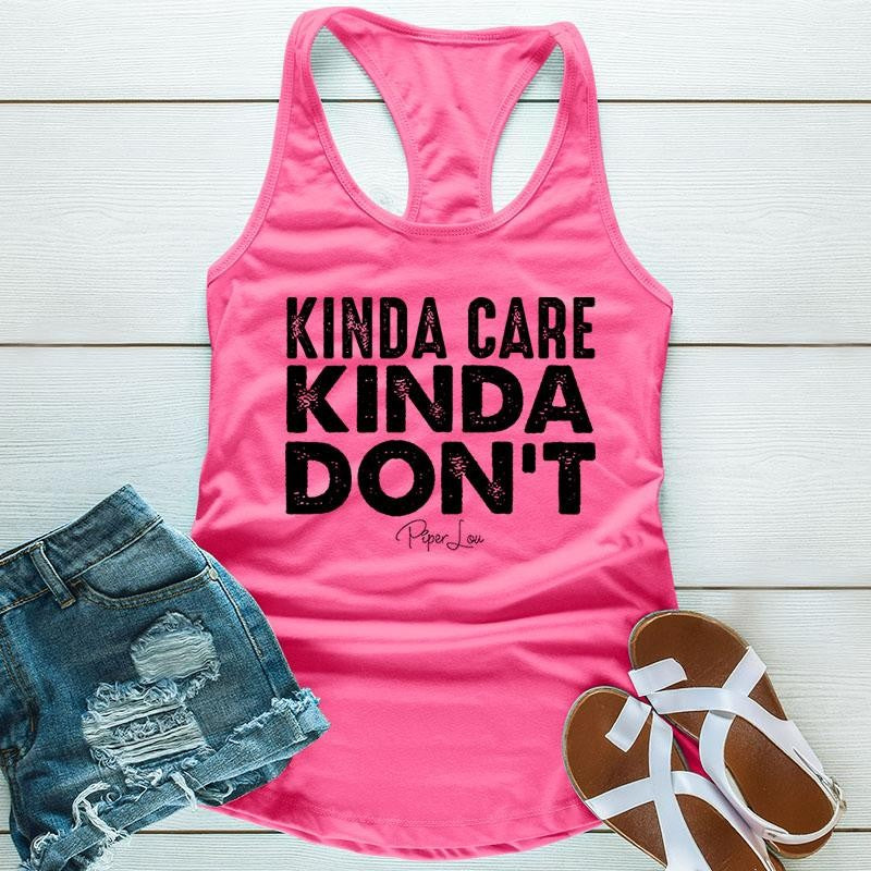 Kinda Care Kinda Don't Apparel, Proudly Printed In The USA, Tee / Tank / V Neck Gray / White / Blue / Hot Pink / Orange, #sassy #cute #blackprint