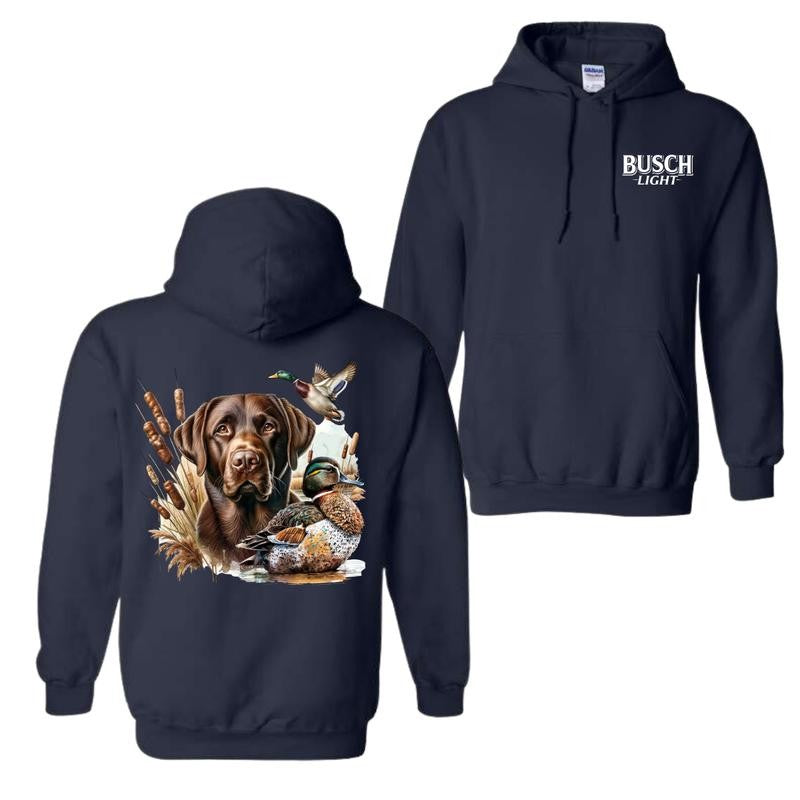 Busch Light Dog Friend Graphic 2 Sided Hoodie, Vintage Mallard Hunting Hoodie, Waterfowl Graphic Unisex Hoodie For Man For Women