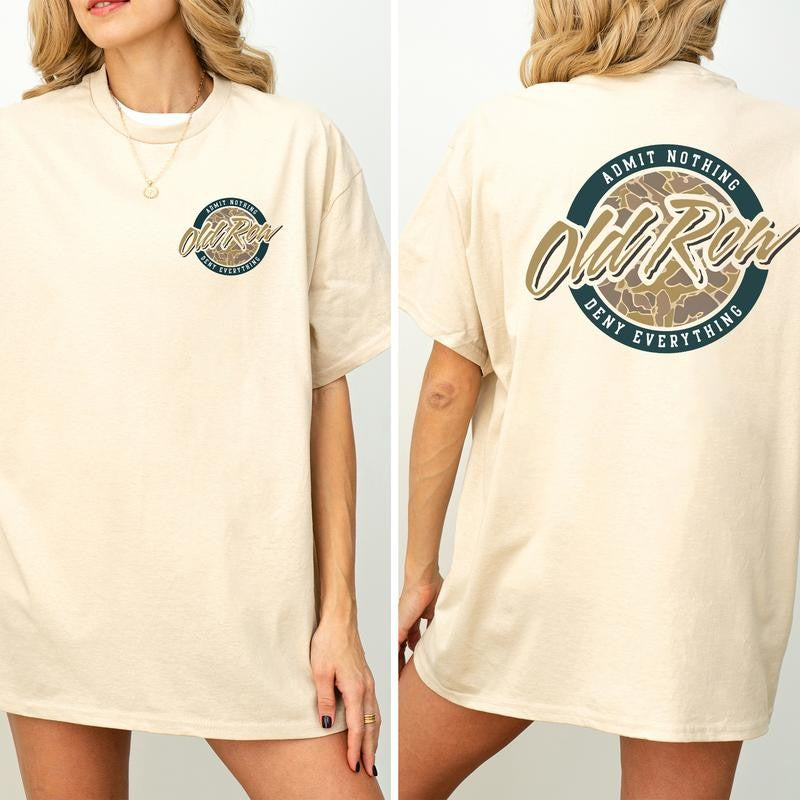 Vintage 80s Old Row Camo Shirt 2-Sided, Old Row Circle Logo Printed Tee, Retro OldRow T-shirt, Hunting Tee, Summer Drink Tee, Drinking Tshirt, Soft Cotton Fabric Women's Top, Casual Womenswear