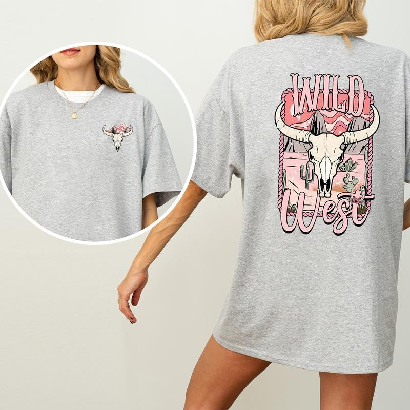Vintage Bull Skull Wild West Graphic 2-Sided Shirt, Country Cowgirl Tshirt, Western Rodeo Cowboy T-shirt, Cotton Fabric Women's Top, Casual Womenswear